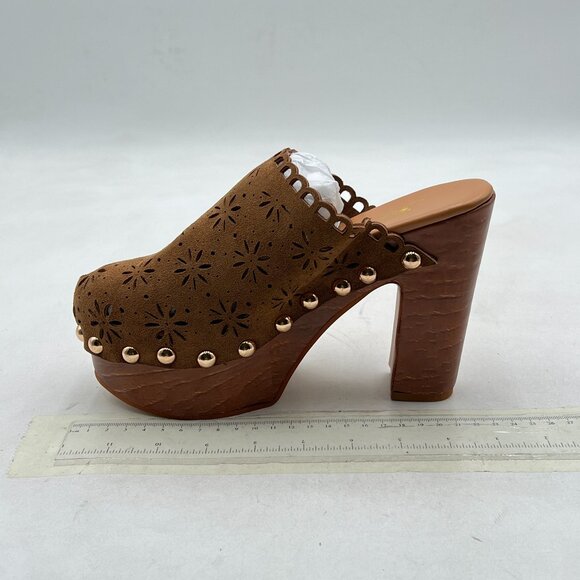 FOWT Tan Studded Round Toe Floral Cut Out Platform Mules Chunky Heel Sandals - Picture 2 of 8